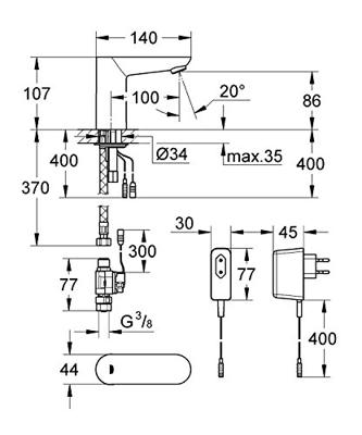 GROHE Euroeco Cosmopolitan E waterbesparende wastafelkraan infrarood zonder menging met trafo 230V chroom 36269000