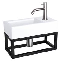 Fonteinset Differnz Ravo Keramiek Met Handoekrek 38.5x18.5x9 cm Wit Met Gebogen Kraan Mat Chroom Differnz - thumbnail