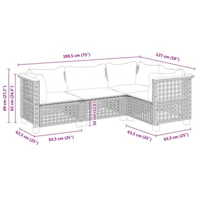 4-delige Loungeset met kussens poly rattan grijs - thumbnail