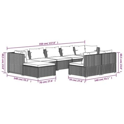 10-delige Loungeset met kussens poly rattan zwart - thumbnail