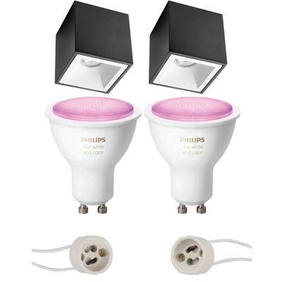 Pragmi Cliron Pro - Opbouw Vierkant - Mat Zwart/Wit - Verdiept - 90mm - Philips Hue - Opbouwspot Set GU10 - White and Color Ambiance - Bluetooth