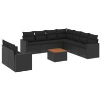 10-delige Loungeset met kussens poly rattan zwart - thumbnail