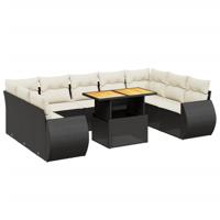 10-delige Loungeset met kussens poly rattan zwart - thumbnail