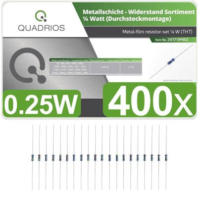Quadrios 201711P002 201711P002 Metaalfilmweerstand assortiment Axiaal bedraad 0.25 W 1 % 400 stuk(s) Quadrios 201711P002 201711P002 Metaalfilmweerstand assortiment Axiaal bedraad 0.25 W 1 % 400 stuk(s)