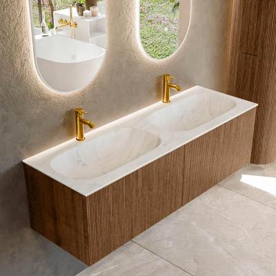 Mondiaz KURVE-DLUX 140 cm Onderkast Greeploos 2 Lades Zonder Deuren Walnut, Wastafel Solid Surface Dubbel Opalo 2 Kraangaten Zonder Spiegel (KRVSTS1402L0D2KD-Wal/Opa)