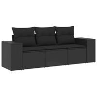 3-delige Loungeset met kussens poly rattan zwart - thumbnail
