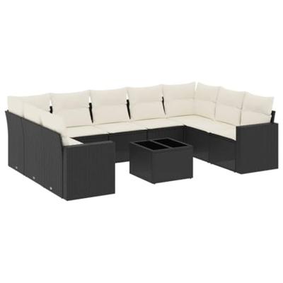 10-delige Loungeset met kussens poly rattan zwart
