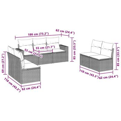 7-delige Loungeset met kussens poly rattan lichtgrijs