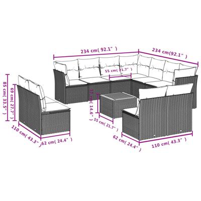 12-delige Loungeset met kussens poly rattan grijs