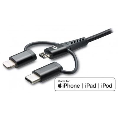 Mobilize Strong Nylon Cable 3in1 USB to Micro USB, USB-C, Apple MFi Lightning 1.5m Black