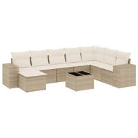 9-delige Loungeset met kussens poly rattan beige - thumbnail