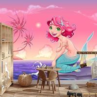 Fotobehang - lachende Zeemeermin even uit het water, Kinderkamer, te koop in 11 maten, incl behanglijm - thumbnail