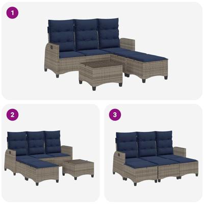 3-delige Tuinbankstel met kussens L-vormig poly rattan grijs - thumbnail