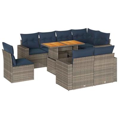 9-delige Loungeset met kussens poly rattan grijs