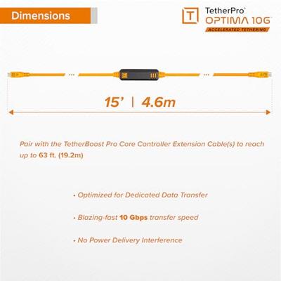 Tether Tools TetherPro Optima 10G USB-C, 15' (4.6m), straight orange