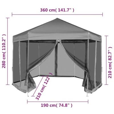 Partytent pop-up zeshoekig met 6 zijwanden 3,6x3,1 m grijs - thumbnail