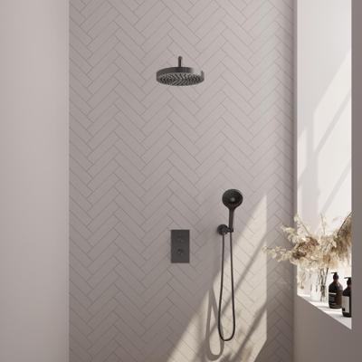 Brauer Stripe thermostatische inbouw regendouche 3-weg rechthoekig SET 17 met 25 cm douchekop en gebogen muurarm en 3-standen handdouche en doucheslang en wandaansluitbocht gunmetal geborsteld PVD