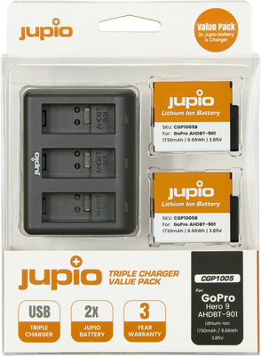 Jupio Kit: 2 x accu GoPro Hero9, Hero10, Hero11, Hero12 + compacte Triple oplader Jupio Kit: 2 x accu GoPro Hero9, Hero10, Hero11, Hero12 + compacte Triple oplader