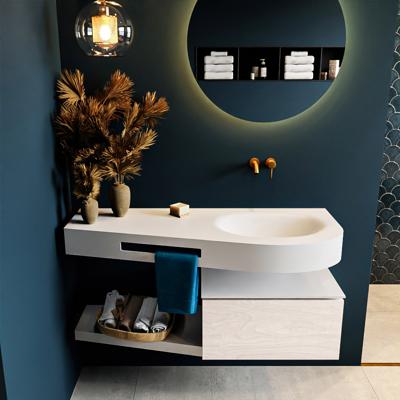 MONDIAZ RIVA 120cm badmeubel onderkast / planchet kleur Underlayment met 1 lade. Wastafel DULCET rechts 0 kraangaten kleur Talc.