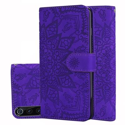 Kalf patroon dubbele vouwen ontwerp reliëf lederen draagtas met portemonnee & houder & kaartsleuven voor Xiaomi mi 9 (paars)