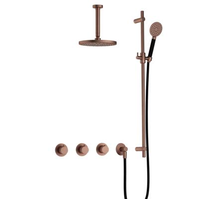 Hotbath Cobber - CB7067 - Inbouw Regendoucheset - Geborsteld Koper PVD - 2 Stopkranen - Thermostatisch - Plafondbuis 15 cm - Hoofddouche 200 mm - Ronde Handdouche 3 Standen - Glijstang 900 mm - Waterbesparend