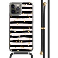 iPhone 12 (Pro) hoesje met zwart koord - Hart streepjes - thumbnail