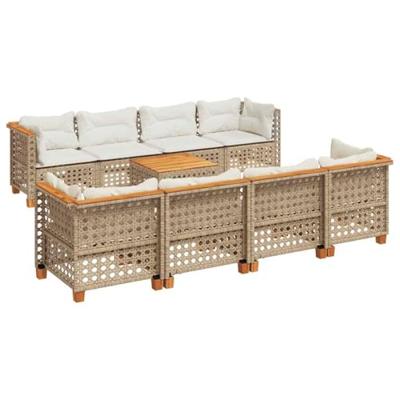 9-delige Loungeset met kussens poly rattan beige