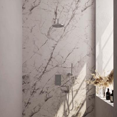 Chrome Carving thermostatische regendouche SET 27 met 3-weg omstelling, 20 cm douchekop, gebogen muurarm, handdouche, doucheslang & wandaansluitbocht