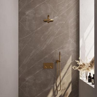 Brauer Gold Carving Thermostatische Regendoucheset Inbouw - Hoofddouche 20 cm - Rechte Wandarm - Met Drukknoppen - Handdouche Staaf - Doucheslang - Wandaansluitbocht - Geborsteld Goud