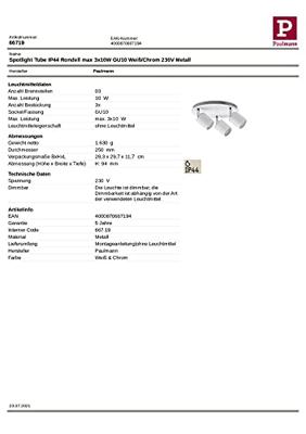 Paulmann Tube 66719 Plafondlamp voor badkamer 30 W Wit, Chroom