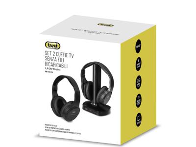 Trevi FRS 1580 TW Set met 2 hoofdtelefoons voor tv, draadloos, oplaadbaar, draadloos, 30 meter, reikwijdte, sokkel voor het opladen, zwart