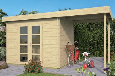 Blokhut Middelmodern 300x200 cm + luifel 200 cm Blokhut Middelmodern 300x200 cm + luifel 200 cm