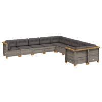 10-delige Loungeset met kussens poly rattan grijs - thumbnail