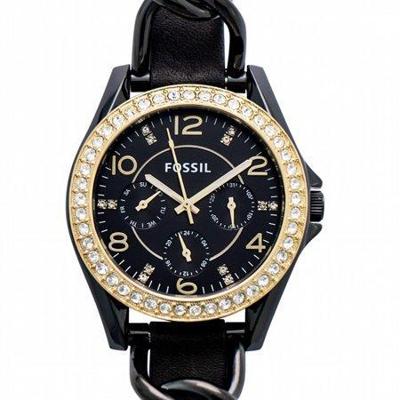 Fossil Riley Black Crystal-set wijzerplaat zwart lederen band Dameshorloge 38 mm ES3696 Fossil Riley Black Crystal-set wijzerplaat zwart lederen band Dameshorloge 38 mm ES3696