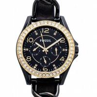 Fossil Riley Black Crystal-set wijzerplaat zwart lederen band Dameshorloge 38 mm ES3696 - thumbnail