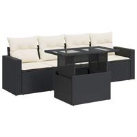 5-delige Loungeset met kussens poly rattan zwart - thumbnail