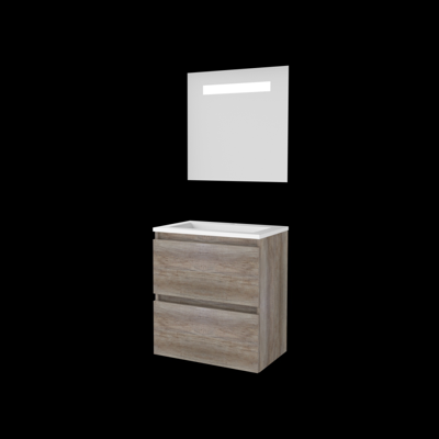 Basic-Line Economic 39 Badkamermeubelset - Ondiep - 60 x 39 cm - Greeploos - 2 Lades - Acryl Wastafel - 1 Kraangat - Spiegel met LED Verlichting - Scotch Oak