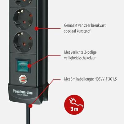 Brennenstuhl Premium-Line stekkerdoos 10-voudig zwart 3m H05VV-F 3G1,5 - 1951100100 - thumbnail