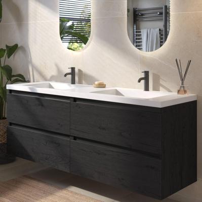 Saqu Gaia badmeubel incl. dubbele glans witte wastafel 160x52x64cm eiken zwart - zwarte greeplijst