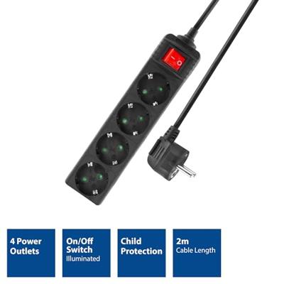 ACT stekkerdoos met schakelaar, 4 sockets, 2 m, zwart ACT stekkerdoos met schakelaar, 4 sockets, 2 m, zwart
