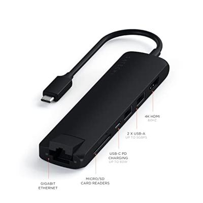SATECHI USB-C Slank Multipoort Adapter Met Ethernet, 4K HDMI, 60W USB-C PD Opladen, 2 USB-A, SD/Micro Kaartlezers - Voor M2/ M1 Macbook Pro/Air, M2/ M1 iPad Pro/Air, M2 Mac Mini, iMac M1 (Zwart)