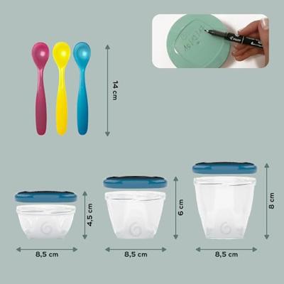 Set van 12 hermetisch afgesloten bakjes + 3 soepele lepels BABYMOOV Babydols Multi Set meerdere kleuren