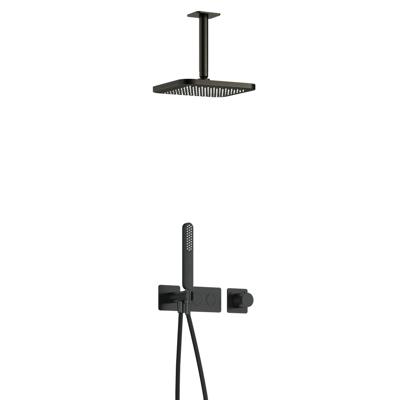 Hotbath Gal - Inbouw Regendoucheset - Geborsteld Gunmetal PVD - Thermostatisch - Plafondbuis 15 cm - Hoofddouche 220 mm - Staafhanddouche