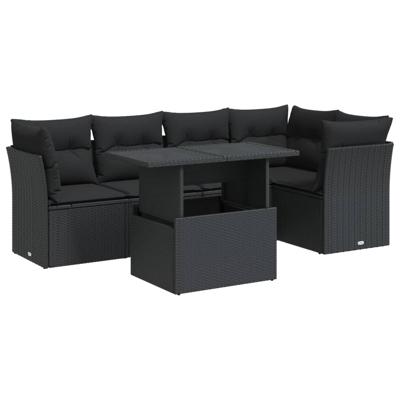 6-delige Loungeset met kussens poly rattan zwart