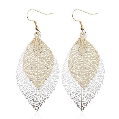 Dubbel gelaagde verlaat Tassel Earrings eenvoudige retro metalen blad-oren ornamenten (goud zilver)