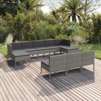 10-delige Loungeset met kussens poly rattan grijs - thumbnail