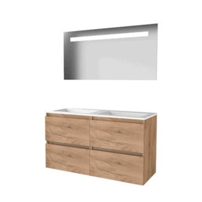 Basic-Line Economic 46 Badkamermeubelset - 120 x 46 cm - Greeploos - 4 Lades - Acryl Wastafel - 2 Kraangaten - Spiegel met LED Verlichting - Whisky Oak