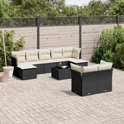 10-delige Loungeset met kussens poly rattan zwart - thumbnail