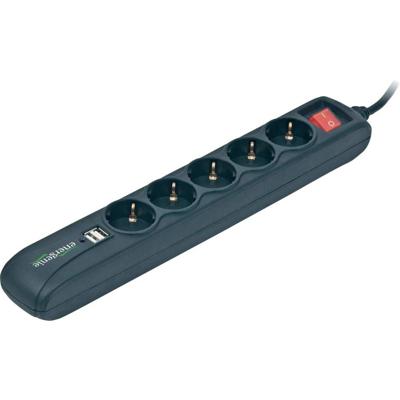 Stekkerdoos met schakelaar 5 voudig 2X USB, 1.5 meter snoer zwart Stekkerdoos met schakelaar 5 voudig 2X USB, 1.5 meter snoer zwart