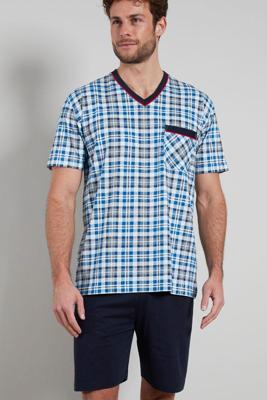 Gotzburg Shortama ruitje lichtblauw V-hals